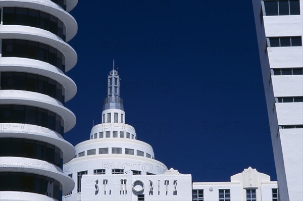 USA, Florida, Miami, "South Beach. Old meets new; Art Deco and modern architecture, including St.Moritz Hotel dominate the skyline at the north end of Ocean Drive."