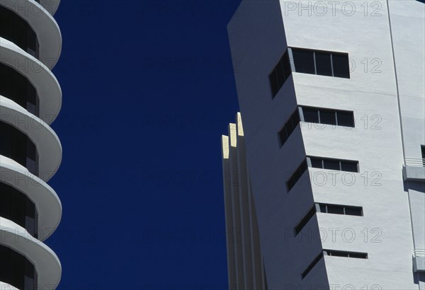 USA, Florida, Miami, South Beach. Ocean Drive. Detail of Art Deco curvilinear and rectilinear architecture