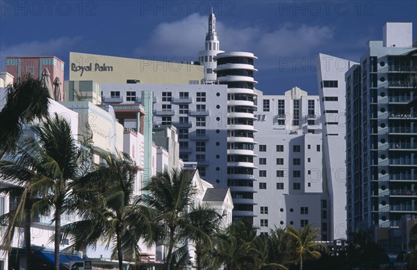 USA, Florida, Miami, South Beach. Old meets new; Art Deco and modern architecture dominate the skyline at the north end of Ocean Drive.