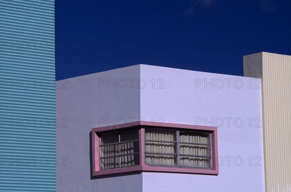 USA, Florida, Miami, "South Beach. Ocean Drive. Collins Avenue. Detail of Art Deco, Modernist building"