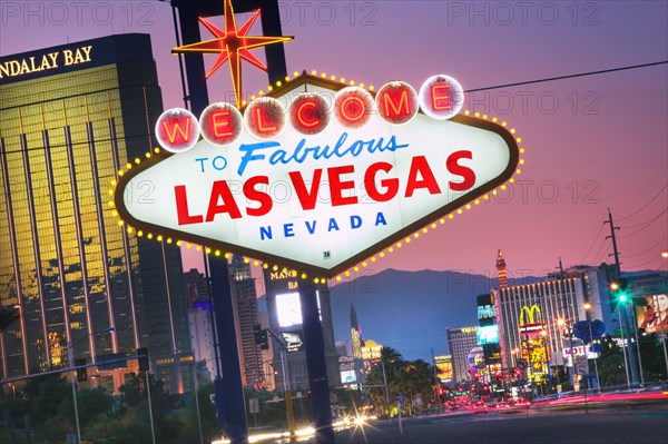 USA, Nevada, Las Vegas, "The world famous Welcome to Fabulous Las Vegas sign on Las Vegas Boulevard, The Strip, at dusk."