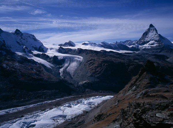 SWITZERLAND, Valais, Matterhorn, View south west  from Gornergrat over Gorner Glacier Water Theodul Glacier left centre and Matterhorn mountain on the right 4478metres ( 14665ft )