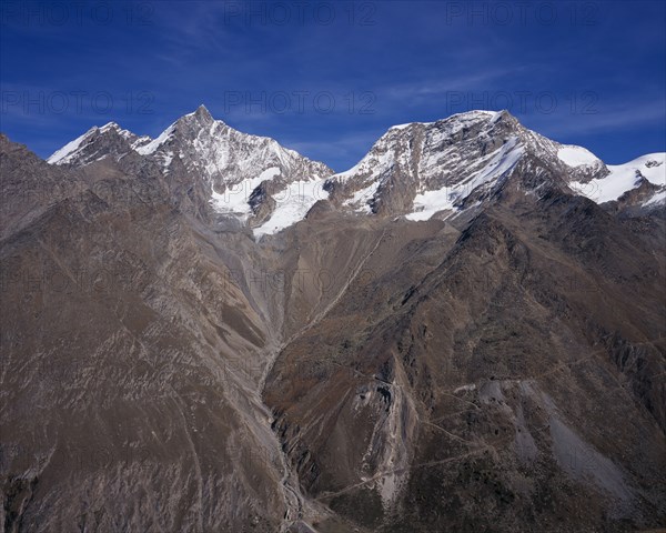 SWITZERLAND, Valais, Ottavan Hamlet , "View from Sattelspitze above Ottavan Hamlet towards snow capped mountains. Left to right, Taschhorn 4491metres ( 14708ft ) Alphubel 4206metres ( 13775ft )"