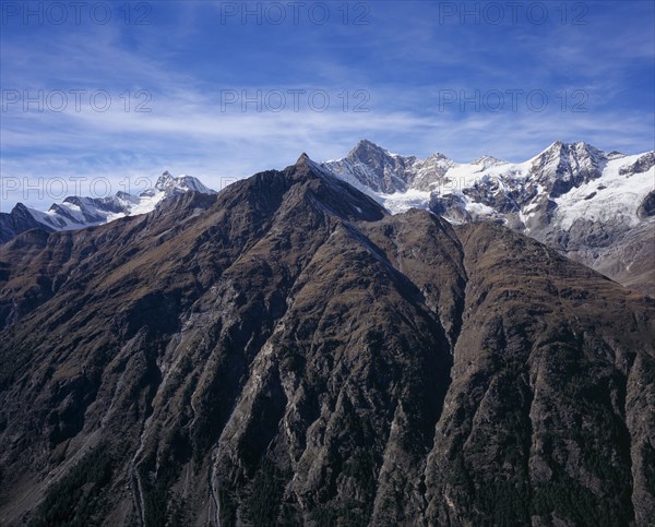 SWITZERLAND, Valais, South Mattertal , "View left to right, Gabelhorn Ridge, Mattelhorn 3406metres ( 11154ft in the foreground Zinalrothorn 4224metres (13827ft ) Schalihorn 3974metres (13014ft )"