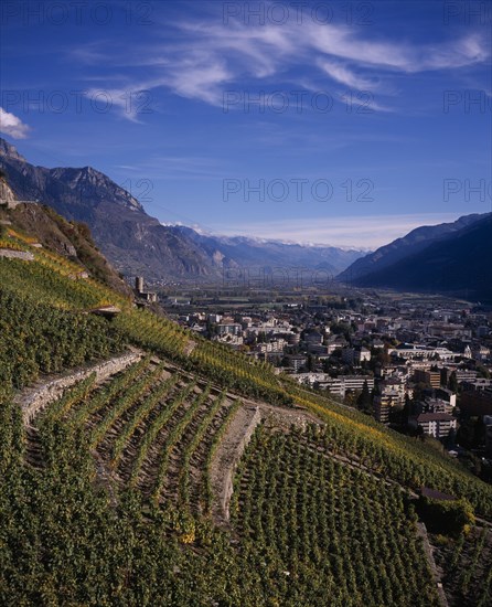 SWITZERLAND, Valais, Martigny, Elevated view east along Rhone Valley above Vineyards and town