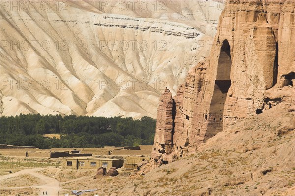 AFGHANISTAN, Bamiyan Province, Bamiyan , Empty niche in cliffs where the famous carved large Budda once stood 180 foot high before being destroyed by the Taliban in 2001