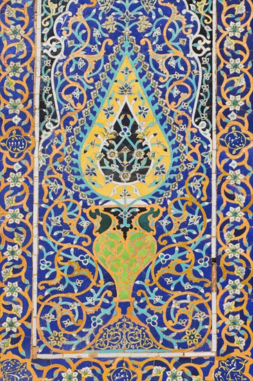 AFGHANISTAN, Herat, Detail of tile work in courtyard of Friday Mosque or Masjet-eJam Originally laid out on the site of an earlier 10th century mosque in the year 1200 by the Ghorid Sultan Ghiyasyddin. Restoration started in 194