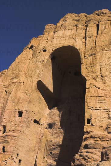 AFGHANISTAN, Bamiyan Province, Bamiyan , Empty niche in cliffs where the famous carved large Budda once stood 180 foot high before being destroyed by the Taliban in 200