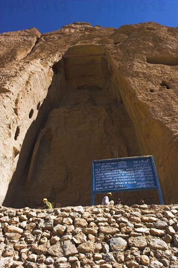 AFGHANISTAN, Bamiyan Province, Bamiyan , Empty niche in cliffs where the famous carved small Buddha once stood 125 foot high before being destroyed by the Taliban in 2001