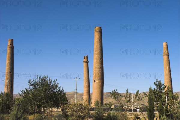 AFGHANISTAN, Herat, "The Mousallah Complex, Four minarets marking the corners of the long gone Madrassa built by Sultan Husain Baiquara last of the Timurid rulers  Two other minarets stand near Gaur Shad 's Mausoleum one with a mortar hole in it the other partly destroyed   Six of the other minarets were demolished by British troops in 1885, and 3 were destroyed by earthquakes "