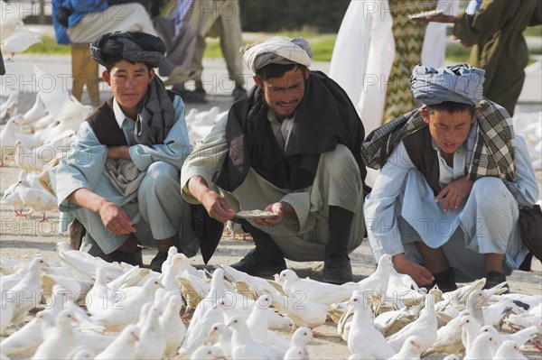 AFGHANISTAN, Mazar-I-Sharif, "Man feeding famous white pigeons at Shrine of Hazrat Ali (who was assissinated in 661) This shrine was built here in 1136 on the orders of Seljuk Sultan Sanjar, destroyed by Genghis Khan and rebuilt by Timurid Sultan Husain Baiqara in 1481, since restored. The shrine is famous for its white pigeons, it is said the site is so holy that if a grey pigeon flies here it will turn white within 40 day"