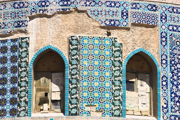 AFGHANISTAN, (Mother of Cities), Balkh, "Detail of turquoise glazed tiles on Shrine of Khwaja Abu Nasr Parsa Built by Sultan Husayn Bayqara in late Timurid style in the 15th Century and dedicated to a famous theologian who died in Balkh in 1460. The dome was badly damaged in an earthquake in the 1990's,and hit by rocket during factional fighting in 2003"