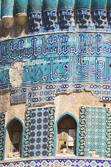 AFGHANISTAN, (Mother of Cities), Balkh, "Detail of turquoise glazed tiles on Shrine of Khwaja Abu Nasr Parsa Built by Sultan Husayn Bayqara in late Timurid style in the 15th Century and dedicated to a famous theologian who died in Balkh in 1460. The dome was badly damaged in an earthquake in the 1990's,and hit by rocket during factional fighting in 2003"