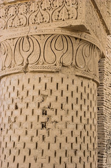 AFGHANISTAN, (Mother of Cities), Balkh, "No-Gonbad Mosque (Mosque of Nine Cupolas) also known as Khoja Piada or Masjid-e Haji Piyada (Mosque of the Walking Pilgrim), Carved stucco decoration on column Dates to the early 9th Century A.D. Earliest Islamic monument identified in Afghanistan, has influences from the Achaemenid, Graeco-Bactrain and Kushano-Sasanian periods, few dateable examples of mosque architecture exist anywhere in the world form this early periodes) "