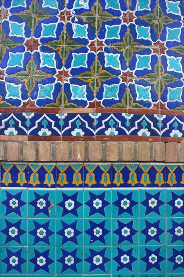 AFGHANISTAN, "Mazar-I-Sharif,", "Detail of tilework, Shrine of Hazrat Ali (who was assissinated in 661) This shrine was built here in 1136 on the orders of Seljuk Sultan Sanjar, destroyed by Genghis Khan and rebuilt by Timurid Sultan Husain Baiqara in 1481, since restored. The shrine is famous for its white pigeons, it is said the site is so holy that if a grey pigeon flies here it will turn white within 40 days"
