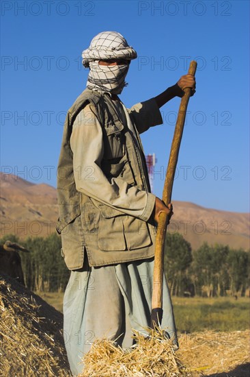 AFGHANISTAN, Bamiyan Province, Bamiyan, Man threshing