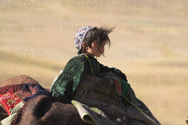 AFGHANISTAN, Desert, Kuchie nomad camel train between Chakhcharan and Jam. Girl on top of camel.