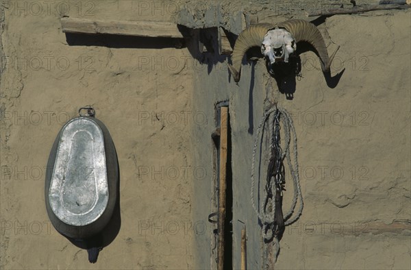 MONGOLIA, Bayan Olgii Province, Bulgan, Goat skull charm on wall of building in Kazakh nomad encampment.