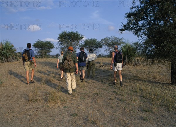 TANZANIA, Selous Game Reserve, Group of tourists on walking safari carrying rucksacks and water bottles with guide carrying rifle.