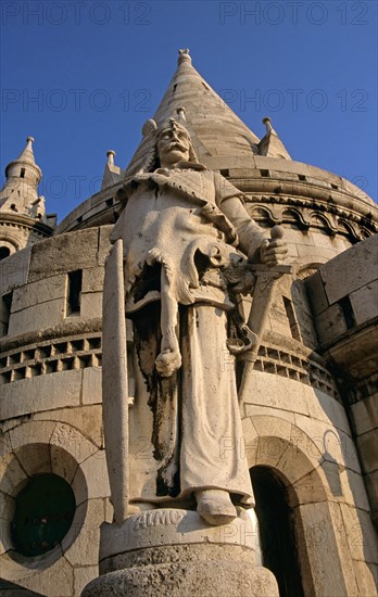 HUNGARY, Budapest, "Castle Hill District, Trinity Square, Fishermens Bastion, Saint Stephens (Szent Istvan) statue, "