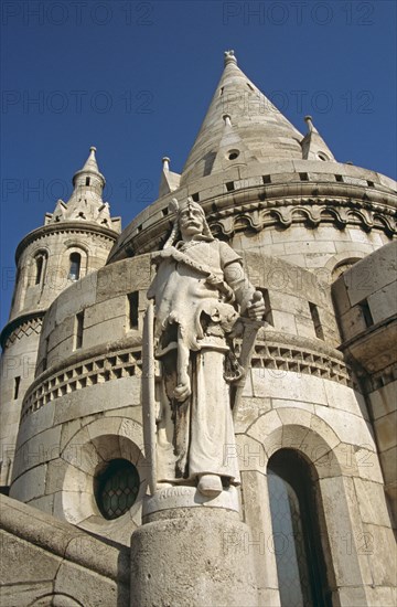 HUNGARY, Budapest, "Castle Hill District, Trinity Square,Fishermens Bastion, Saint Stephens (Szent Istvan) statue, "