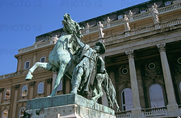 HUNGARY, Budapest, "Castle Hill District,Saint Georges Square (outer courtyard), Castle and Palace complex. Equestrian statue"