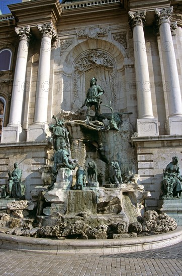 HUNGARY, Budapest, "Castle Hill District, Saint Georges Square, Castle and Palace complex,  King Matyas (Matthias) Fountain."