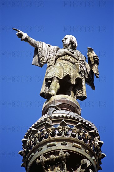 SPAIN, Catalonia, Barcelona, "La Rambla, Monument a Colom, Christopher Columbus Monument, Christopher Columbus statue detail"