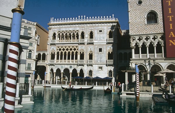 USA, Nevada, Las Vegas, "Venetian Hotel and Casino, Replica of Ca DOro behind lake."