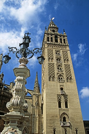 SPAIN, Andalucia, Seville, "Cathedral Bell tower, Plaza Virgen de los Reyes."