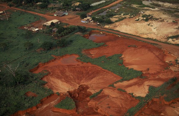 BRAZIL, Mato Grosso, Peixoto de Azevedo, "Aerial view over landscape with severe damage/pollution from gold mining operations clearly visible over former Panara territory. Garimpeiros have displaced the Indians, previously known as Kreen-Akrore  Krenhakarore  Krenakore  Krenakarore  Amazon American Brasil Brazilian Ecology Entorno Environmental Environment Green Issues Kreen Akore Latin America Latino Scenic South America prospector "