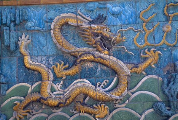 CHINA, Beijing, Detail of Nine Dragon Screen in the Forbidden City constructed in 1773.