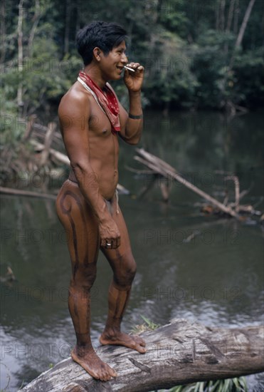 COLOMBIA, North West Amazon, Tukano Indigenous People, Barasana headman Bosco stands on log at river port smoking home grown tobacco  body painted dark purple with we leaf dye decoration Tukano sedentary Indian tribe North Western Amazonia body decoration Western influence American Colombian Columbia Hispanic Indegent Latin America Latino Male Men Guy South America Tukano