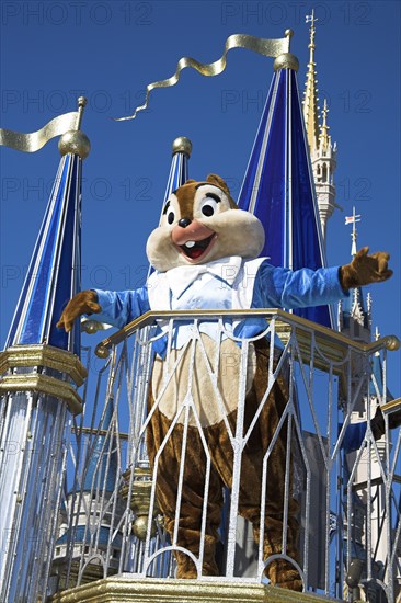 USA, Florida, Orlando, Walt Disney World Resort. Chipmunk character during the Disney Dreams Come True parade in the Magic Kingdom.