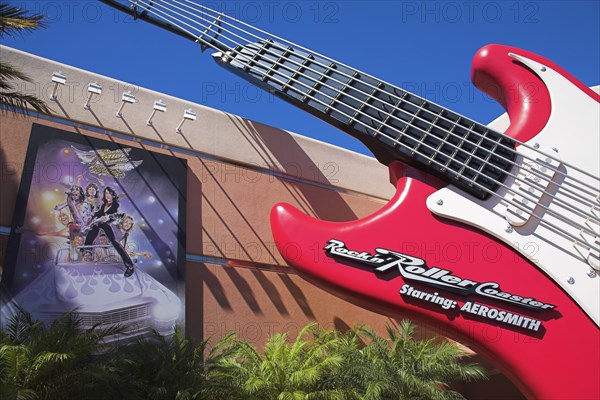 USA, Florida, Orlando, Walt Disney World Resort. Guitar outside the Aerosmith Rock N Roller Coaster ride on Sunset Boulevard in Disney MGM Studios.