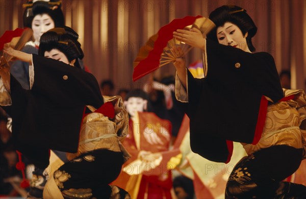 JAPAN, Customs, Geisha, Geisha performing dance with fans during stage show held in the spring for the public.