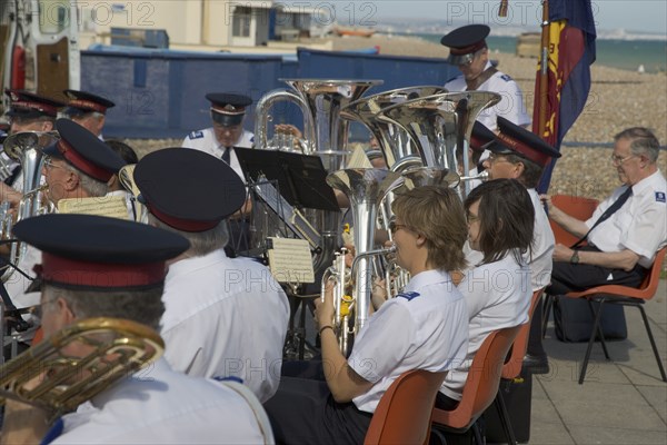 ENGLAND, West Sussex, Worthing, The Salvation Army band playing on the seafront