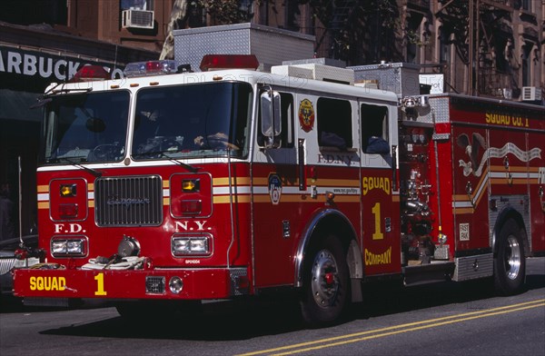 USA, New York, New York City, New York fire department truck on street.