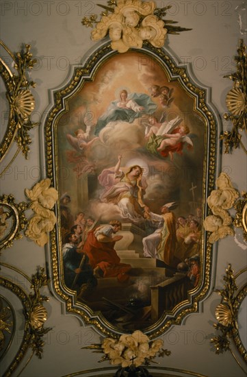SPAIN, Castile Leon , Segovia , The Royal Palace or La Granja de San Ildefonso. Interior view of painted religious mural on ceiling