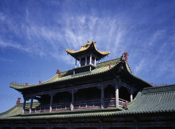 MONGOLIA, Ulaan Baatar, Winter Palace of Bogd Khaan. Green roof against a blue sky