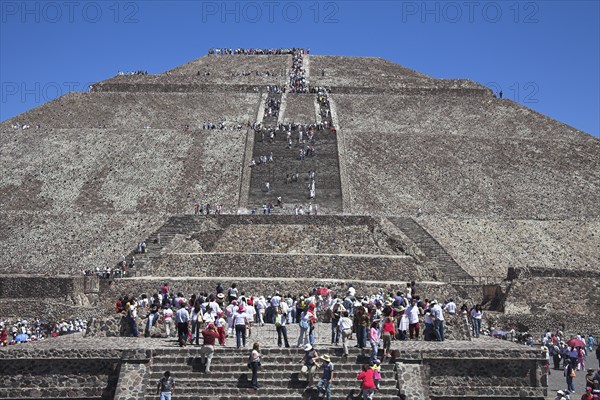 MEXICO, Mexico State, Teotihuacan, "Tourists, Pyramid of the Sun, Piramide del Sol, Teotihuacan Archaeological Site,"