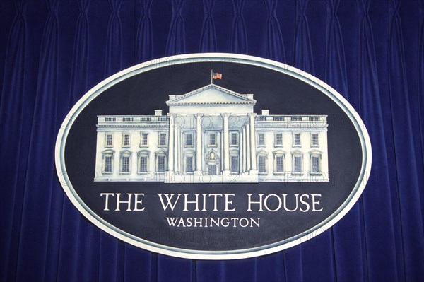 USA, Washington DC, "White house sign and logo, Press Room, The White House, Pennsylvania Avenue,"