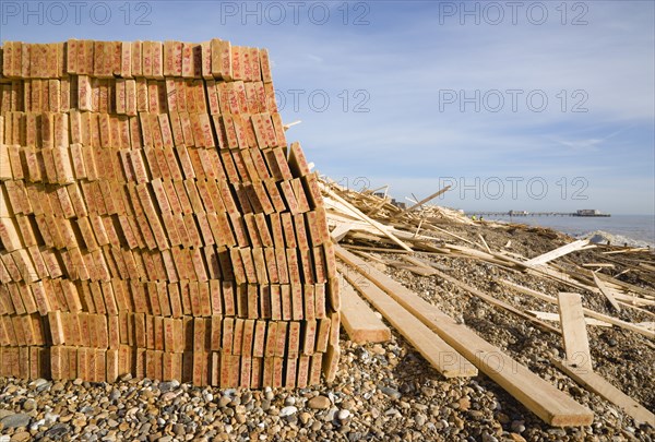 ENGLAND, West Sussex, Worthing, Timber washed up on the beach from the Greek registered Ice Princess which sank off the Dorset coast on 15th January 2008. Worthing Pier in the distance