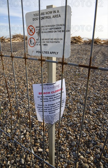 ENGLAND, West Sussex, Worthing, Timber washed up on the beach from the Greek registered Ice Princess which sank off the Dorset coast on 15th January 2008. A sign behind wire fencing warns people to keep off the beach