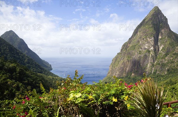 WEST INDIES, St Lucia, Soufriere , Val des Pitons The volcanic plugs of Gros Piton on the left and Petit Piton on the right with the lush valley seen from the sun deck of the Ladera Spa Resort Hotel