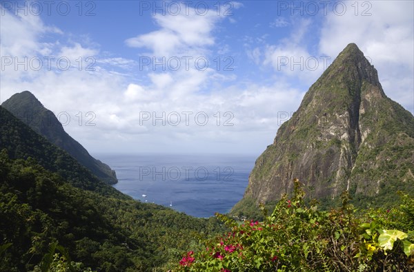 WEST INDIES, St Lucia, Soufriere , Val des Pitons The volcanic plugs of Gros Piton on the left and Petit Piton on the right with the lush valley seen from the sun deck of the Ladera Spa Resort Hotel