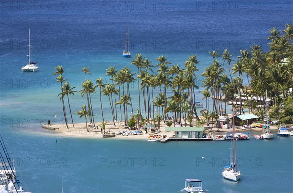 WEST INDIES, St Lucia, Castries , Marigot Bay Yachts at anchor beyond the small coconut palm tree lined beach of the Marigot Beach Club sitting at the entrance