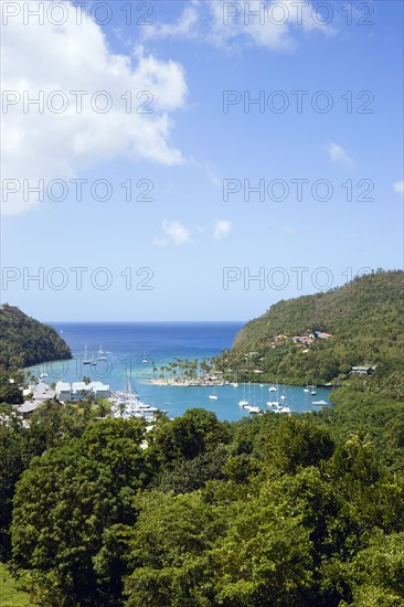 WEST INDIES, St Lucia, Castries , Marigot Bay The harbour with yachts at anchor the and lush surrounding valley