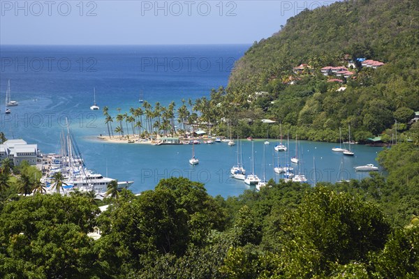 WEST INDIES, St Lucia, Castries , Marigot Bay The harbour with yachts at anchor the and lush surrounding valley