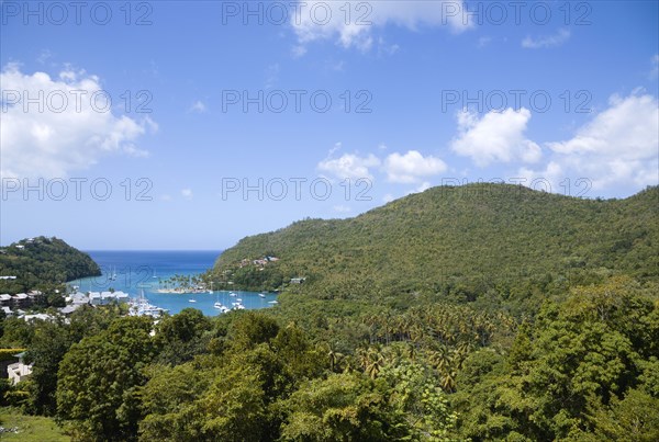 WEST INDIES, St Lucia, Castries , Marigot Bay The harbour with yachts at anchor the and lush surrounding valley